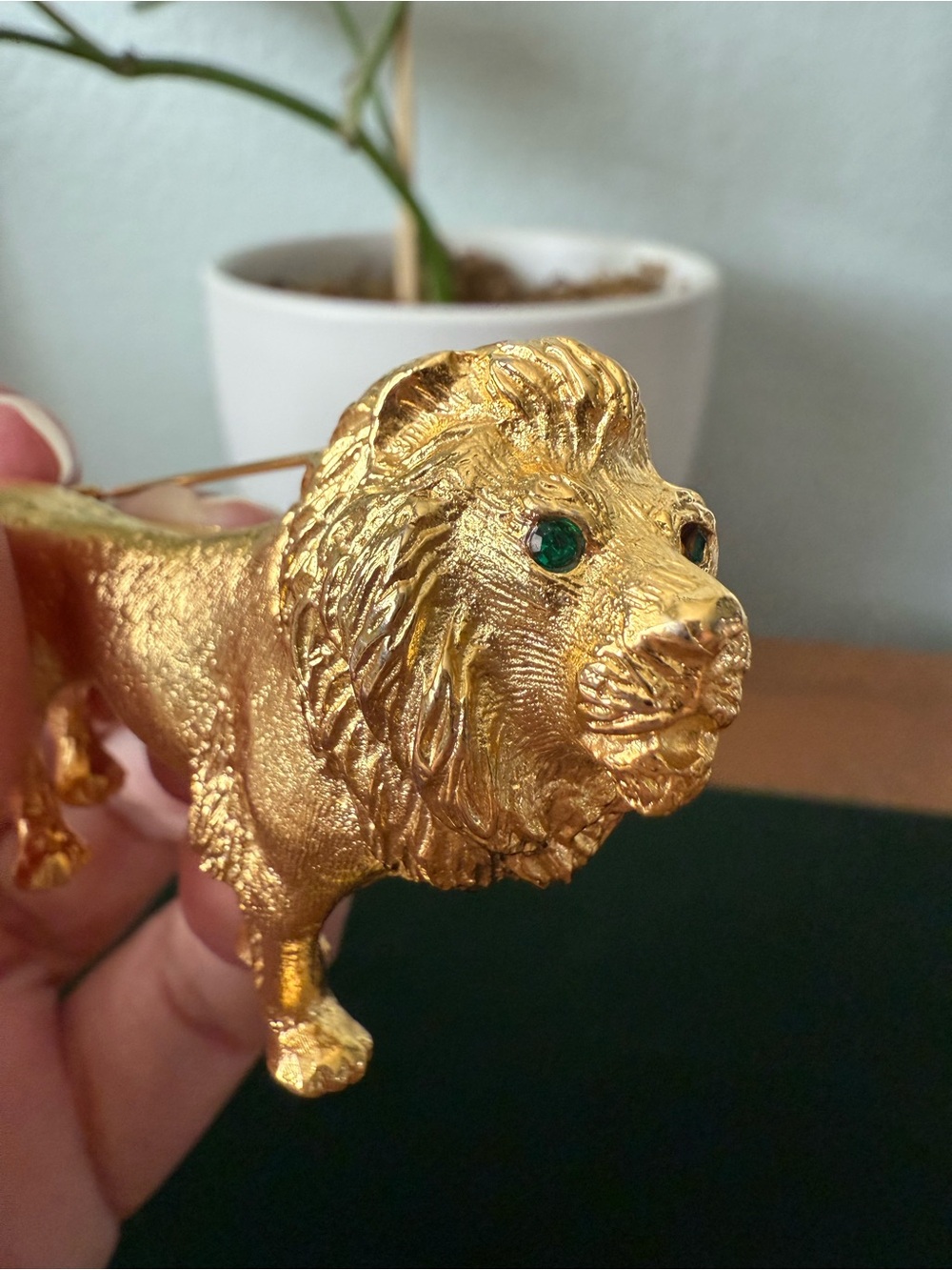 Vintage Gold Lion Brooch Pin with Green Rhinestone Eyes Goldtone Large Figural